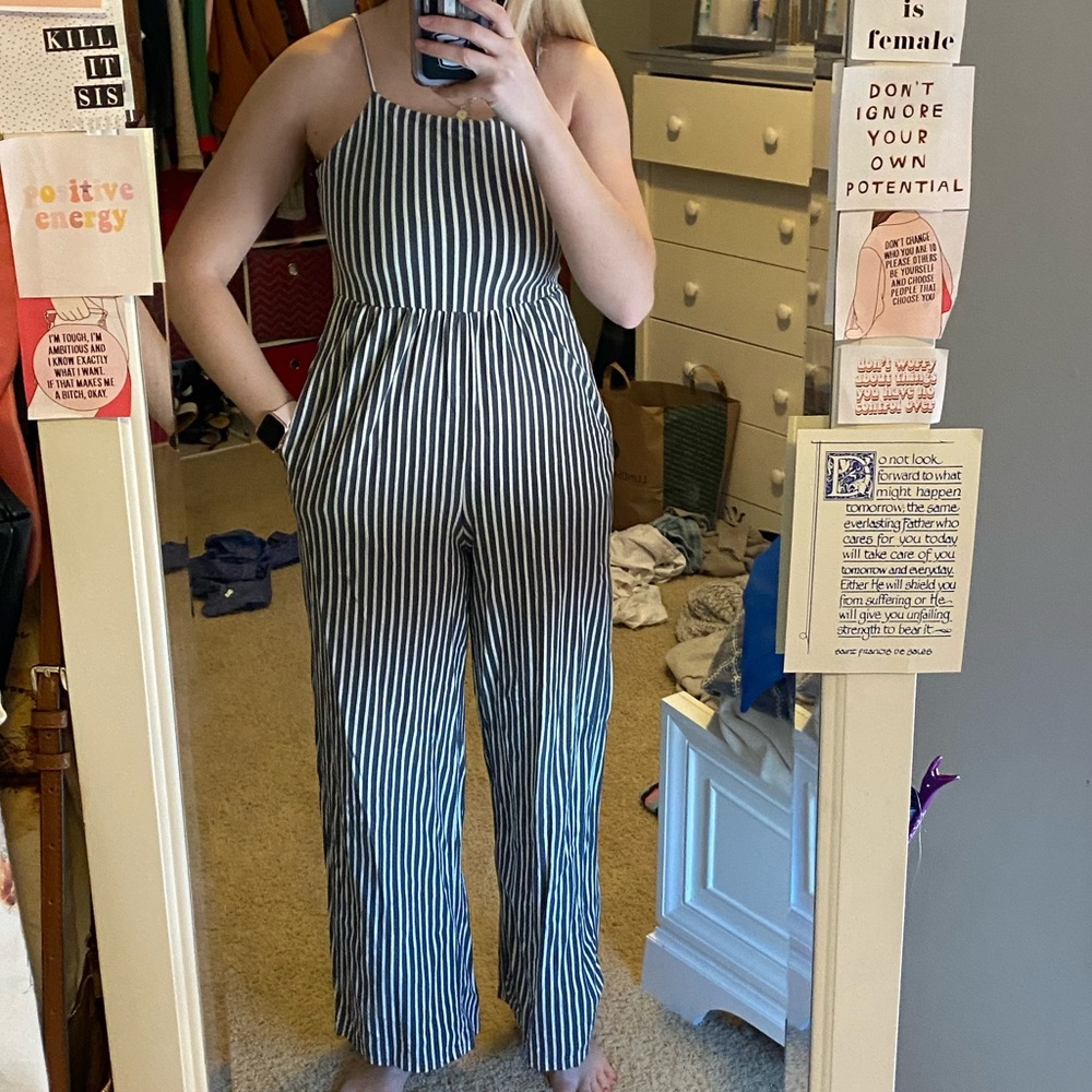 White and Blue striped Jumpsuit